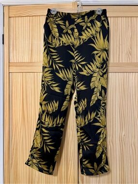 Women's Black Pull-On Pants with Yellow Leaf Print